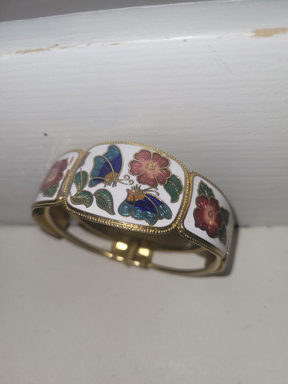 Gold-Tone Enamel Butterfly & Floral Hinged Bracelet - White, Blue, Pink
